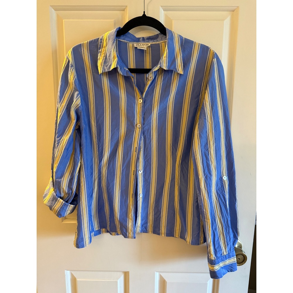 Allison Taylor Silk Cotton Striped Button Down Shirt Blue Yellow XL